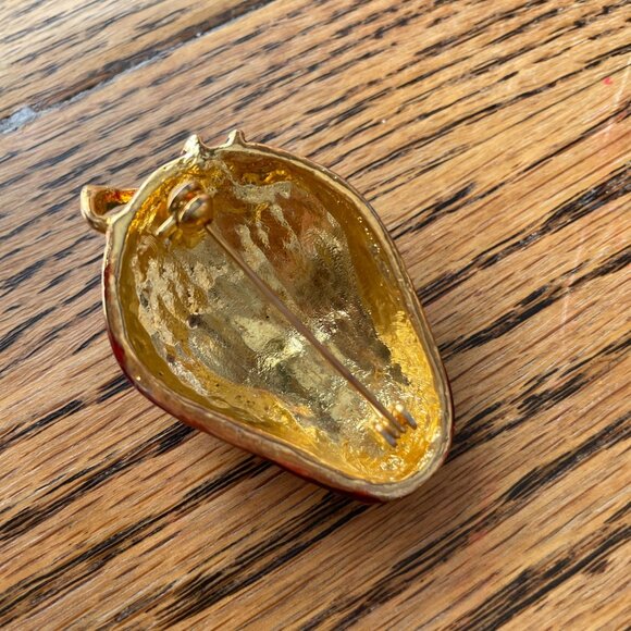 Vintage Enamel Strawberry Brooch Pin, Red and Green Fruit Jewelry - Picture 3 of 5